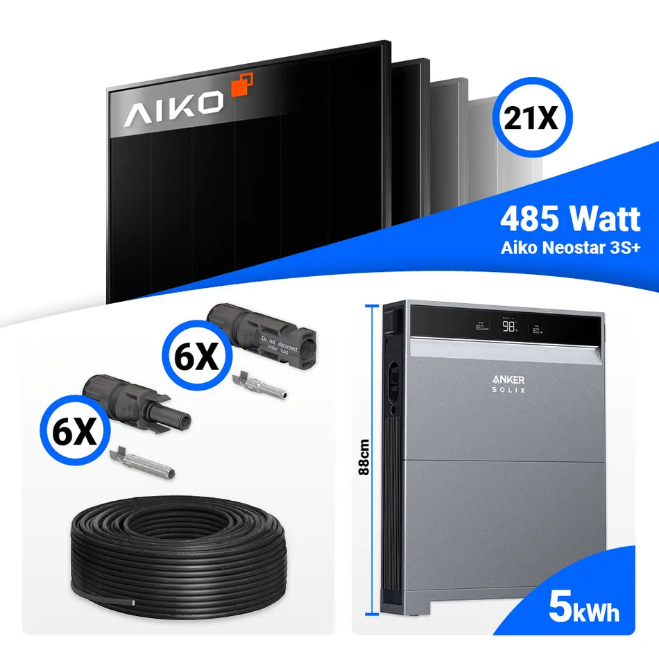 10 kWp PV Komplettset mit 21 AIKO 485W Full Black Modulen, Anker SOLIX X1-H10K-T und 5 kWh Solarspeicher.