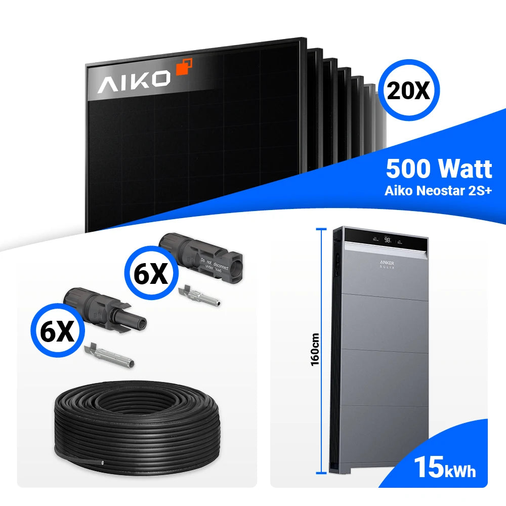 10 kWp Solaranlage Komplettset mit 20 AIKO 500W Modulen, Anker SOLIX X1-H10K-T und 15 kWh Speicherkapazität