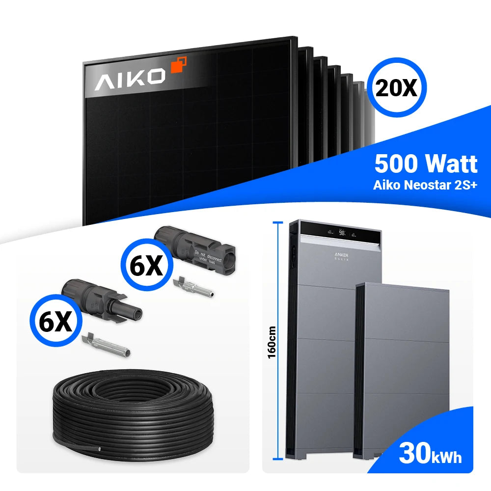 10 kWp PV Komplettset für maximale Autarkie mit 20x AIKO 500W, Anker SOLIX X1-H10K-T und 30 kWh Speicherblock