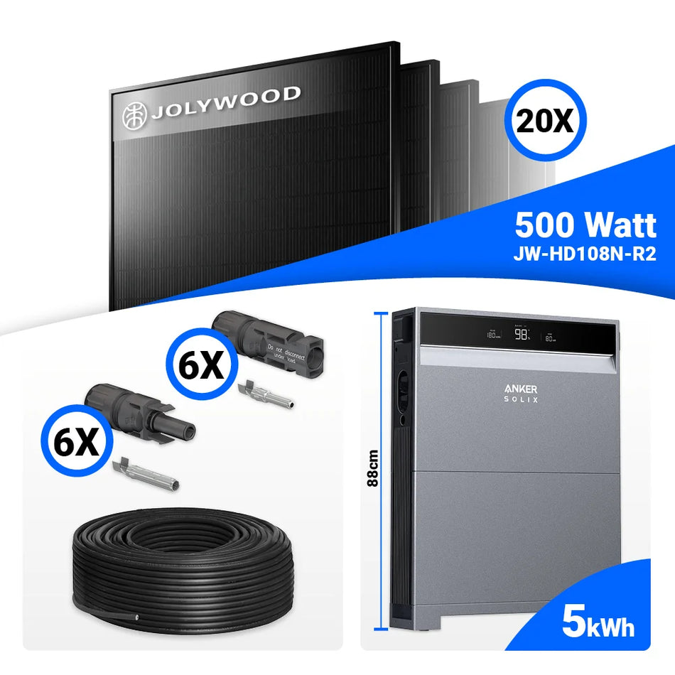 PV Komplettset 10 kWp – 20x Jolywood 500W Full Black & Anker SOLIX X1-H10K-T mit Speicheroption