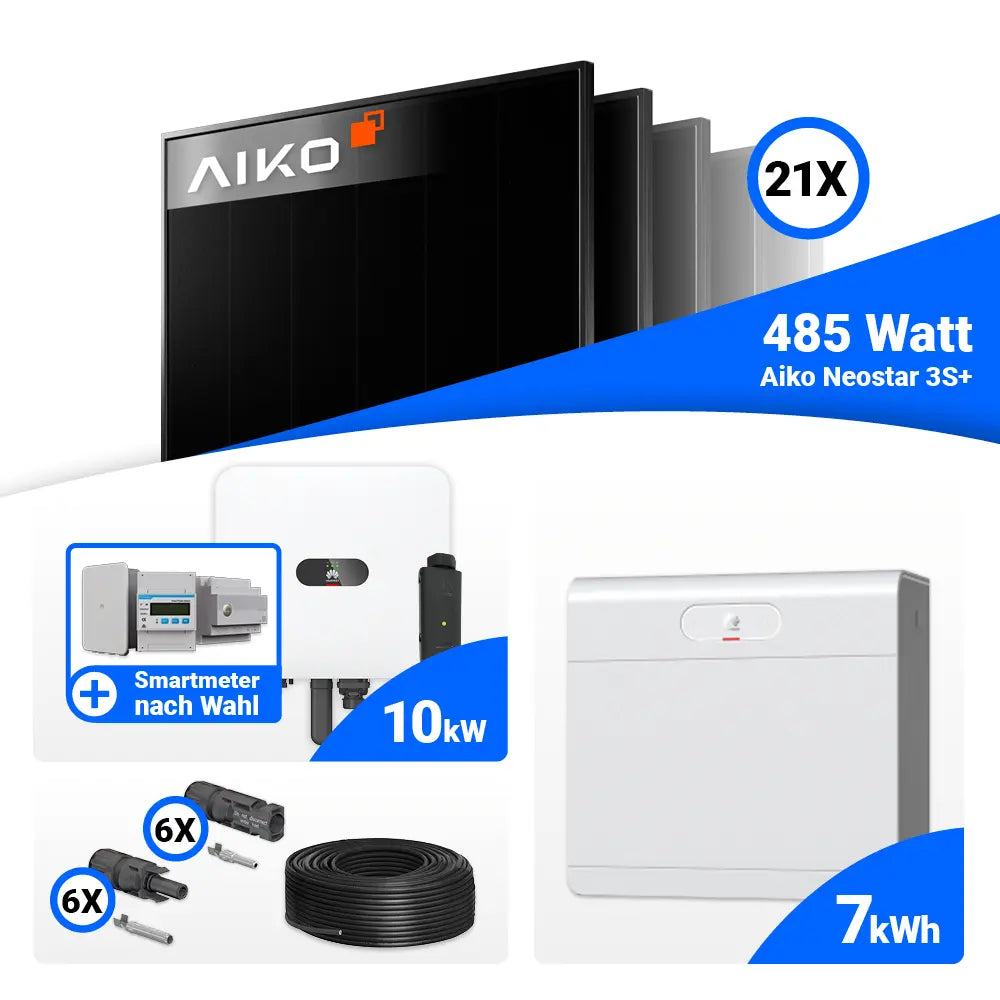 Solaranlage 10 kWp Komplettset mit 21x AIKO 485W Full Black