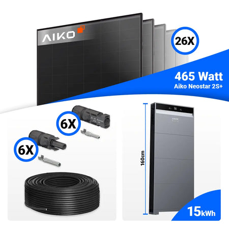 PV Komplettset 12 kWp mit 26 AIKO 465W Full Black Modulen und Anker X1-H12K-T, Speicher optional