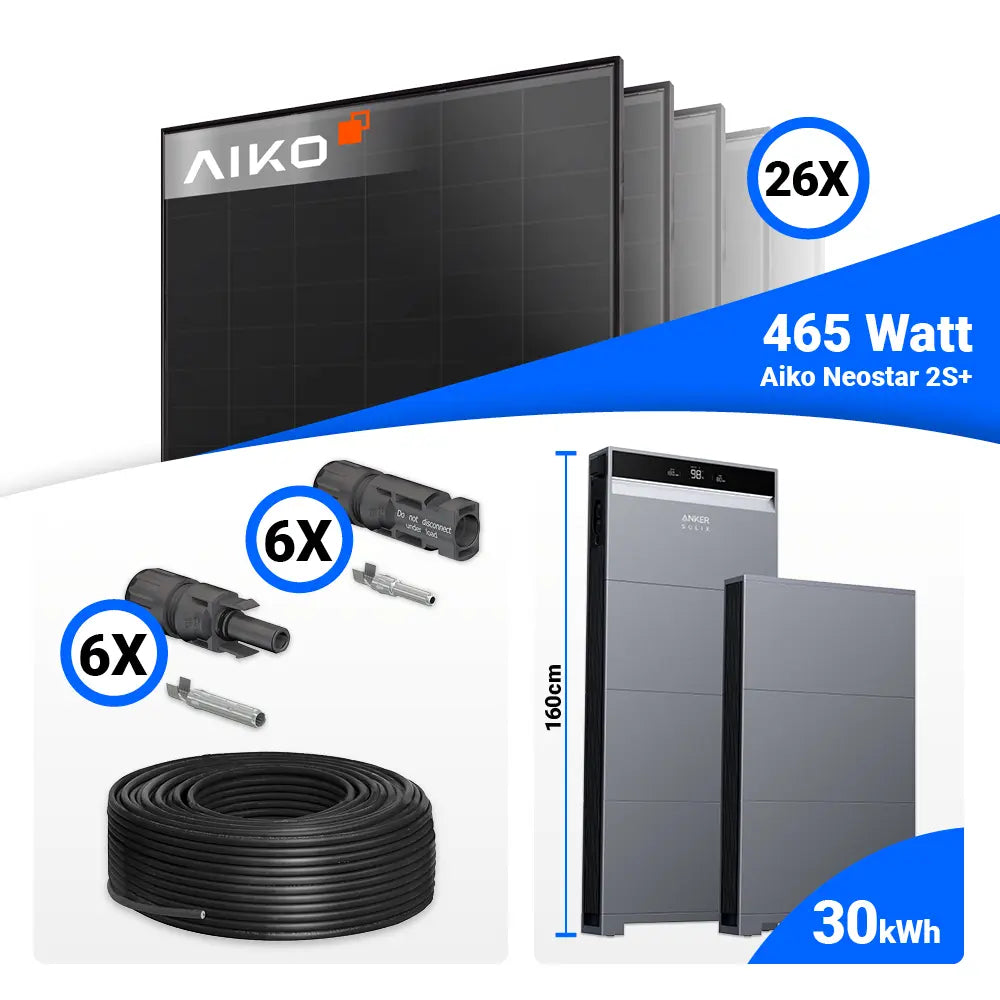 PV Anlage 12 kWp Komplettpaket mit AIKO 465W Full Black Modulen und Anker X1-H12K-T