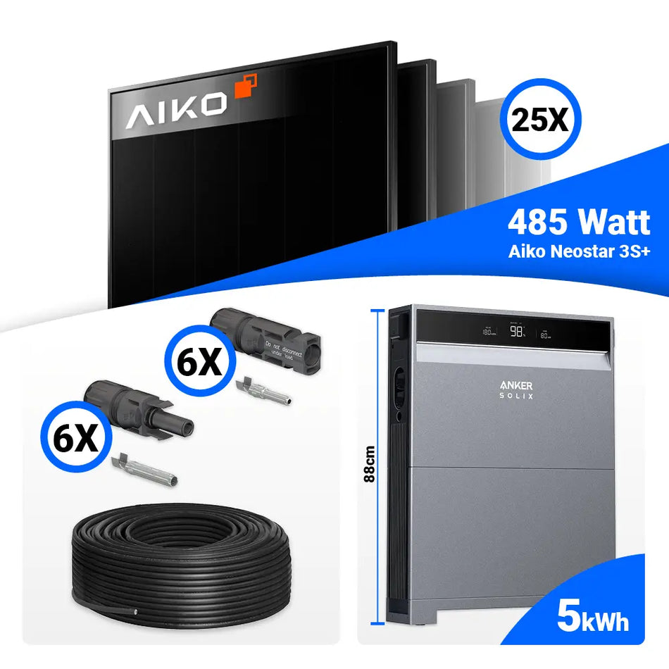 12 kWp PV Komplettset mit 25 AIKO 485W Full Black Modulen, Anker X1-H12K-T und 5 kWh Solarspeicher