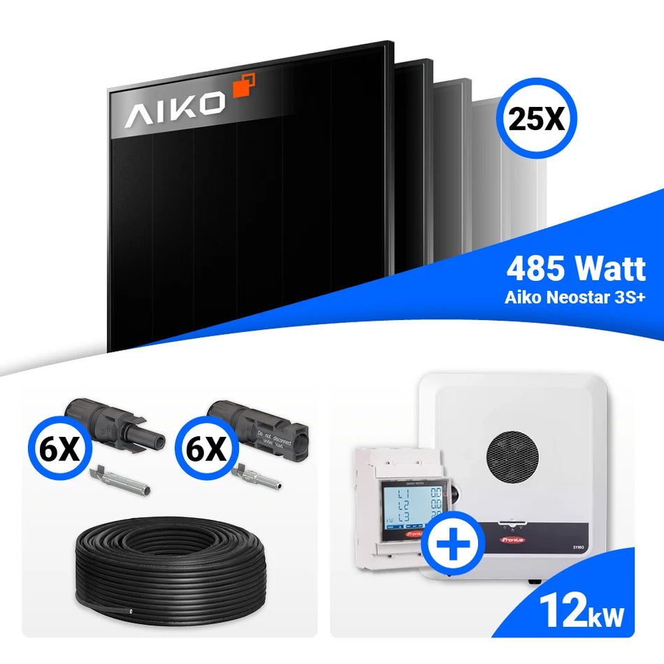 PV Komplettset 12 kWp – 25x AIKO 485W Full Black & Fronius SYMO-GEN24-12.0-PLUS-SC mit Speicheroption