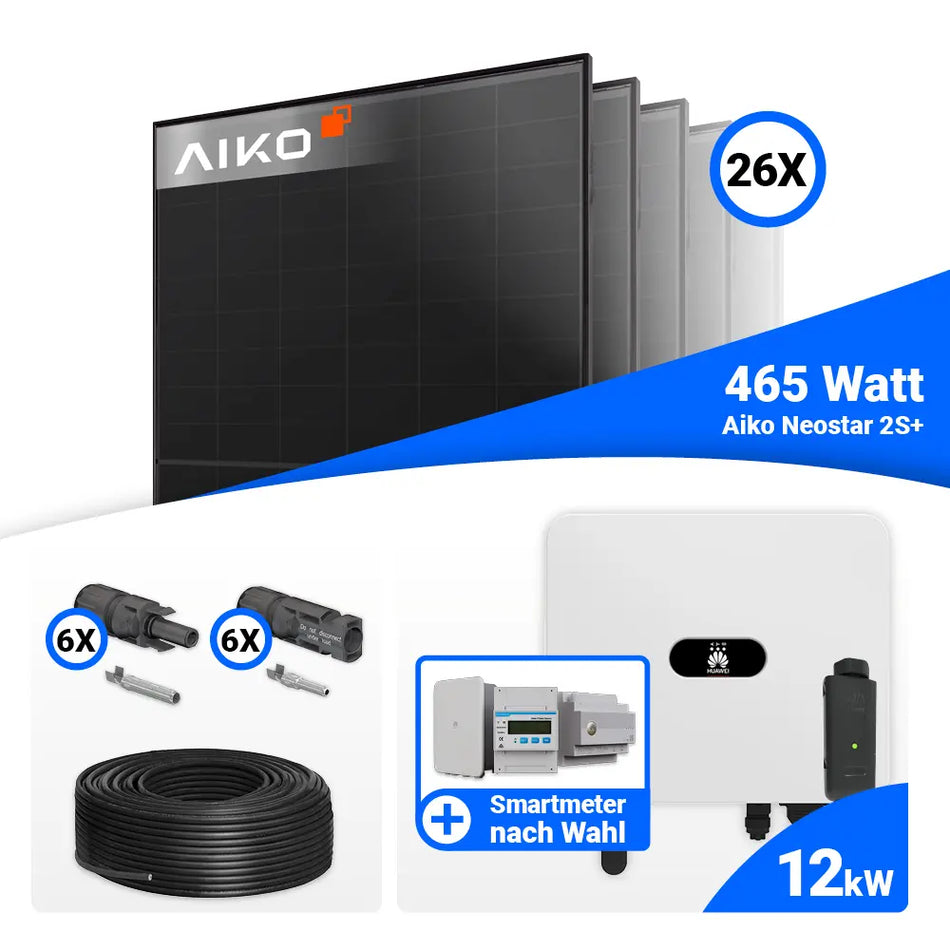 PV Komplettset 12 kWp mit AIKO 465W Full Black und Huawei SUN2000-12K-MB0