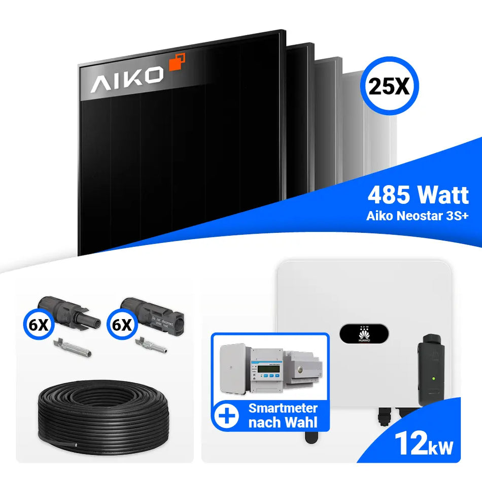 PV Komplettset 12 kWp mit AIKO 485W Full Black und Huawei SUN2000-12K-MB0