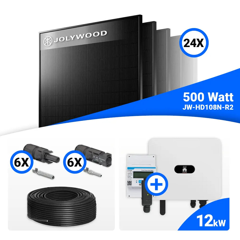 PV Komplettset 12 kWp – 24x Jolywood 500W Full Black & Huawei SUN2000-12K-MB0 mit Speicheroption
