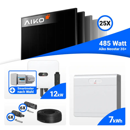 Solaranlage 12 kWp Komplettset mit 25x AIKO 485W Full Black