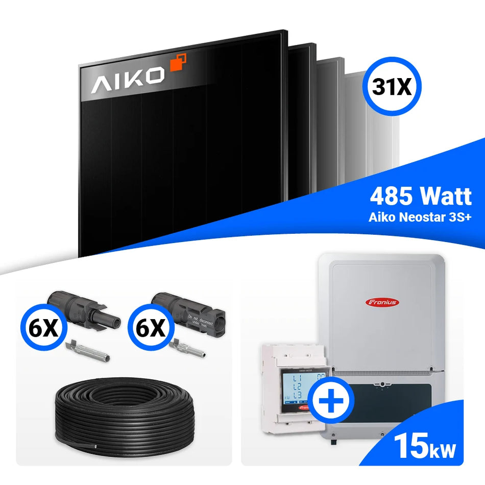 PV Komplettset 15 kWp – 31x AIKO 485W Full Black & Fronius Verto Plus 15.0 mit Speicheroption