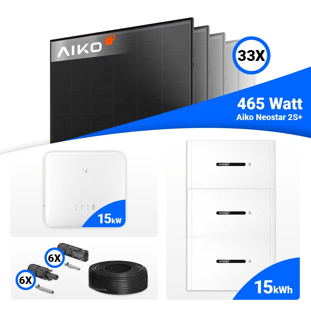PV-Komplettanlage 15 kWp mit 33 × AIKO Neostar 2S+ 465W Full Black Modulen, GoodWe GW15K-ET-20 Hybridwechselrichter und 15 kWh GoodWe Lynx Home F Plus Batteriesystem. Premium-Solaranlage mit Speicheroption – erhältlich bei SH24.
