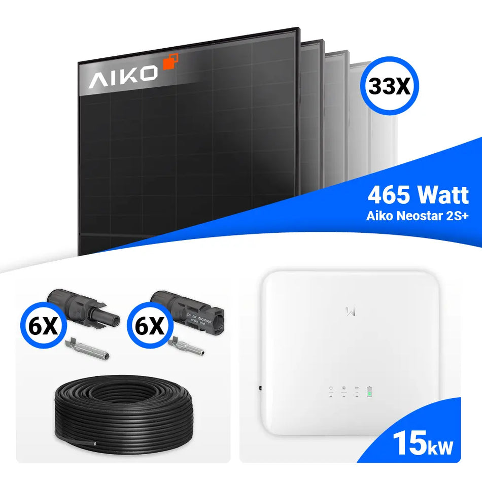 PV-Komplettset 15 kWp mit 33 × AIKO Neostar 2S+ Full Black Solarmodulen (465 W je Modul) und GoodWe GW15K-ET-20 Hybridwechselrichter. Hochwertige Photovoltaikanlage für Eigenstromversorgung mit Komplettzubehör – jetzt bei SH24 kaufen.