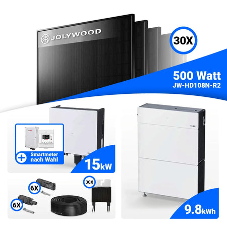PV Komplettset 15 kWp Jolywood 500W Full Black & SolarEdge Nexis Battery Stack 10
