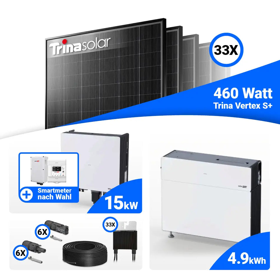 15 kWp PV-Komplettset mit Trina 465W Modulen und Speicher: SolarEdge Nexis Battery Stack 5