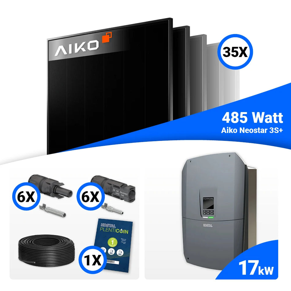 PV Komplettset 17 kWp – 35x AIKO 485W Full Black & Kostal PLENTICORE G3 L mit Speicheroption