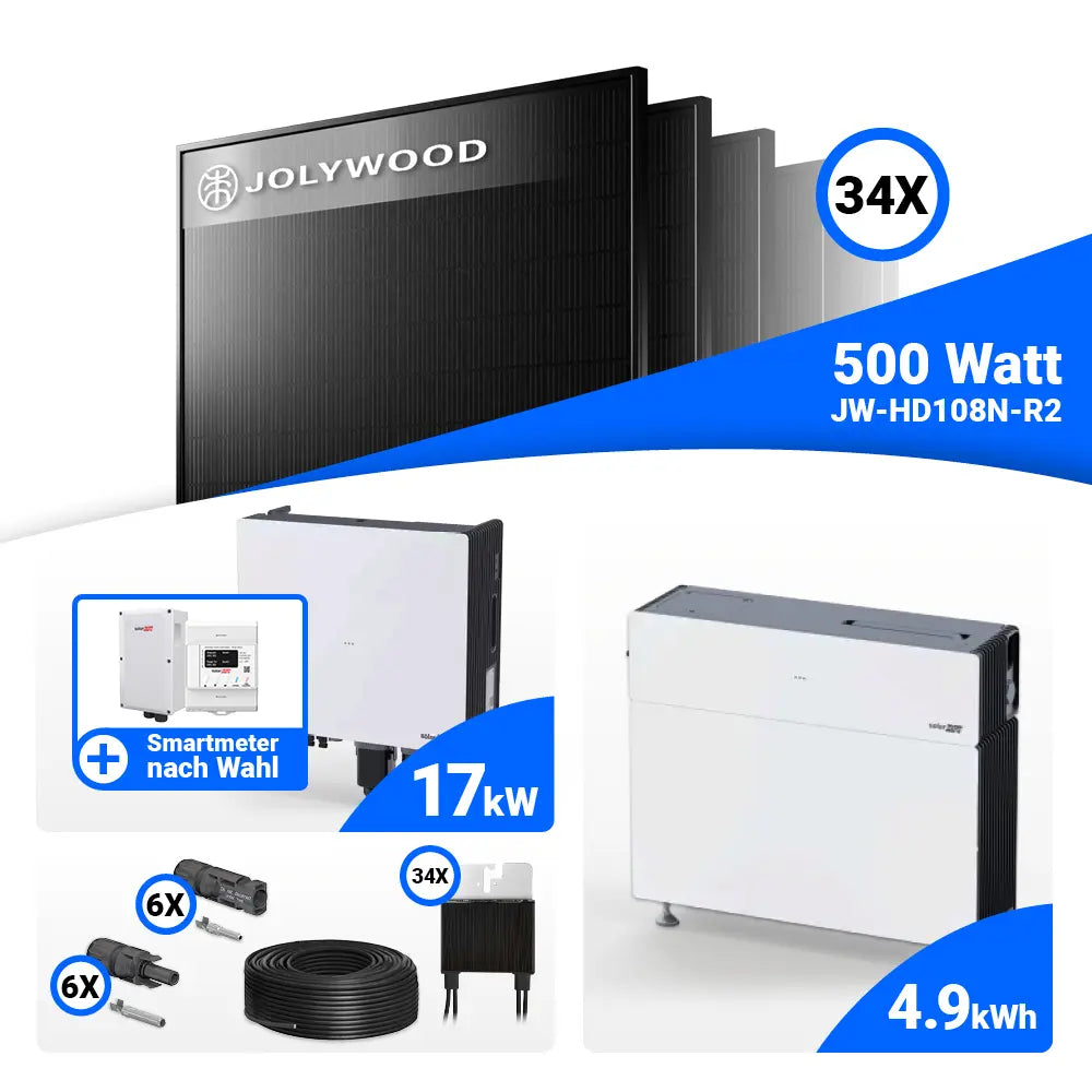 PV Komplettset 17 kWp Jolywood 500W Full Black & SolarEdge Nexis Battery Stack 5