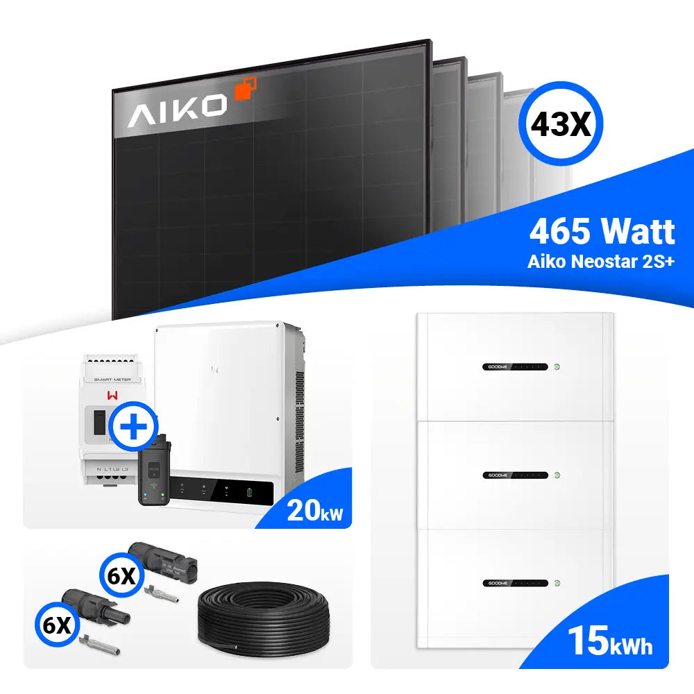 PV-Komplettset 20 kWp mit 43 × AIKO Neostar 2S+ Full Black Solarmodulen, GoodWe GW20K-ET Hybridwechselrichter mit Smart Meter und 15 kWh GoodWe Lynx Home F Plus Batteriespeicher. Leistungsstarkes Photovoltaik-Komplettpaket mit Speicher – online bei SH24 kaufen.
