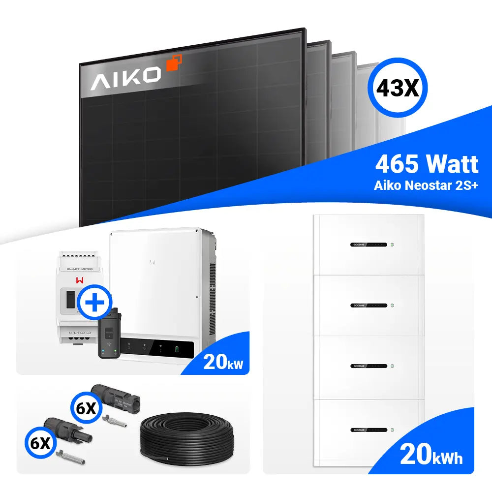 Photovoltaik-Komplettset 20 kWp mit 43 × AIKO Neostar 2S+ Full Black Solarmodulen, GoodWe GW20K-ET Hybridwechselrichter inklusive Smart Meter und 20 kWh GoodWe Lynx Home F Plus Speicher. Premium PV-Anlage mit großem Speicher für maximale Energieautarkie – erhältlich bei SH24.