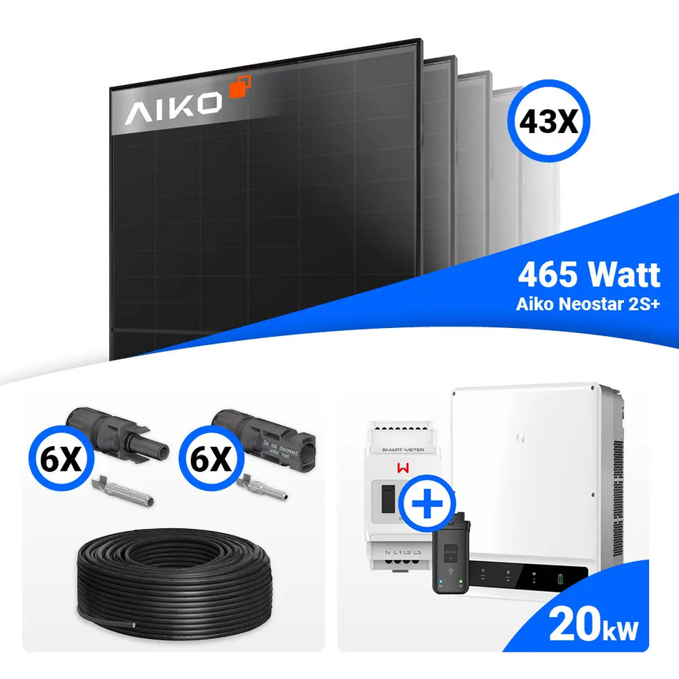 PV-Komplettset 20 kWp mit 43 × AIKO Neostar 2S+ Full Black Solarmodulen (465 W je Modul) und GoodWe GW20K-ET Hybridwechselrichter inklusive Smart Meter. Premium Photovoltaikanlage mit Komplettzubehör für Eigenverbrauch und Netzeinspeisung – erhältlich bei SH24.