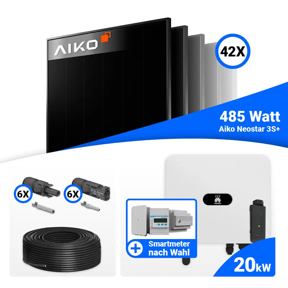 PV Komplettset 20 kWp mit AIKO 485W Full Black und Huawei SUN2000-20K-MB0