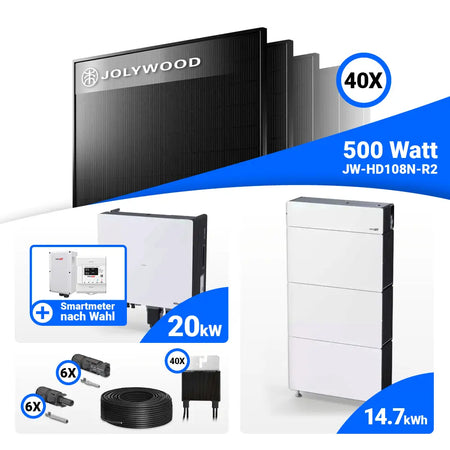 PV Komplettset 20 kWp Jolywood 500W Full Black & SolarEdge Nexis Battery Stack 15