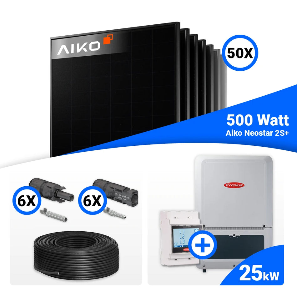 PV Komplettset 25 kWp – 50x AIKO 500W Full Black & Fronius Verto Plus 25.0 mit Speicheroption