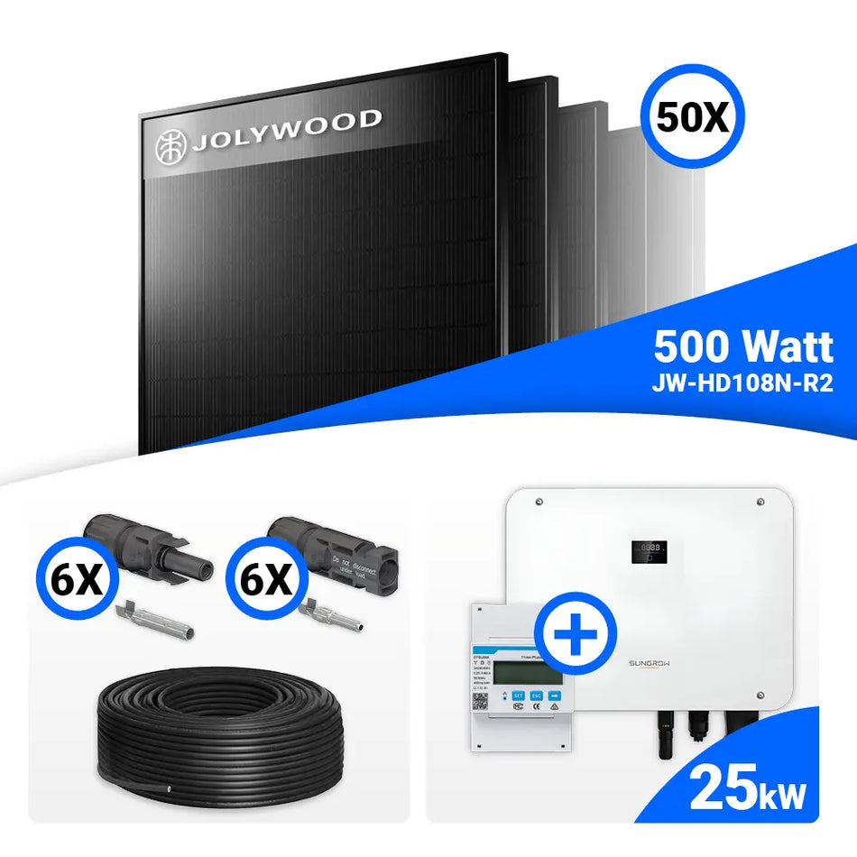 PV Komplettset 25 kWp – 50x Jolywood 500W Full Black & Sungrow Hybrid SH25T mit Speicheroption