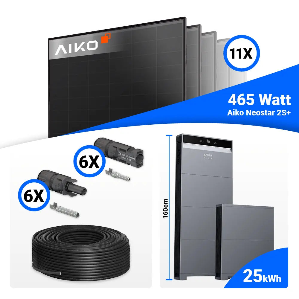 Photovoltaik Set 5 kWp mit 11 AIKO 465W Full Black und Anker X1-H5K-T Hybridwechselrichter