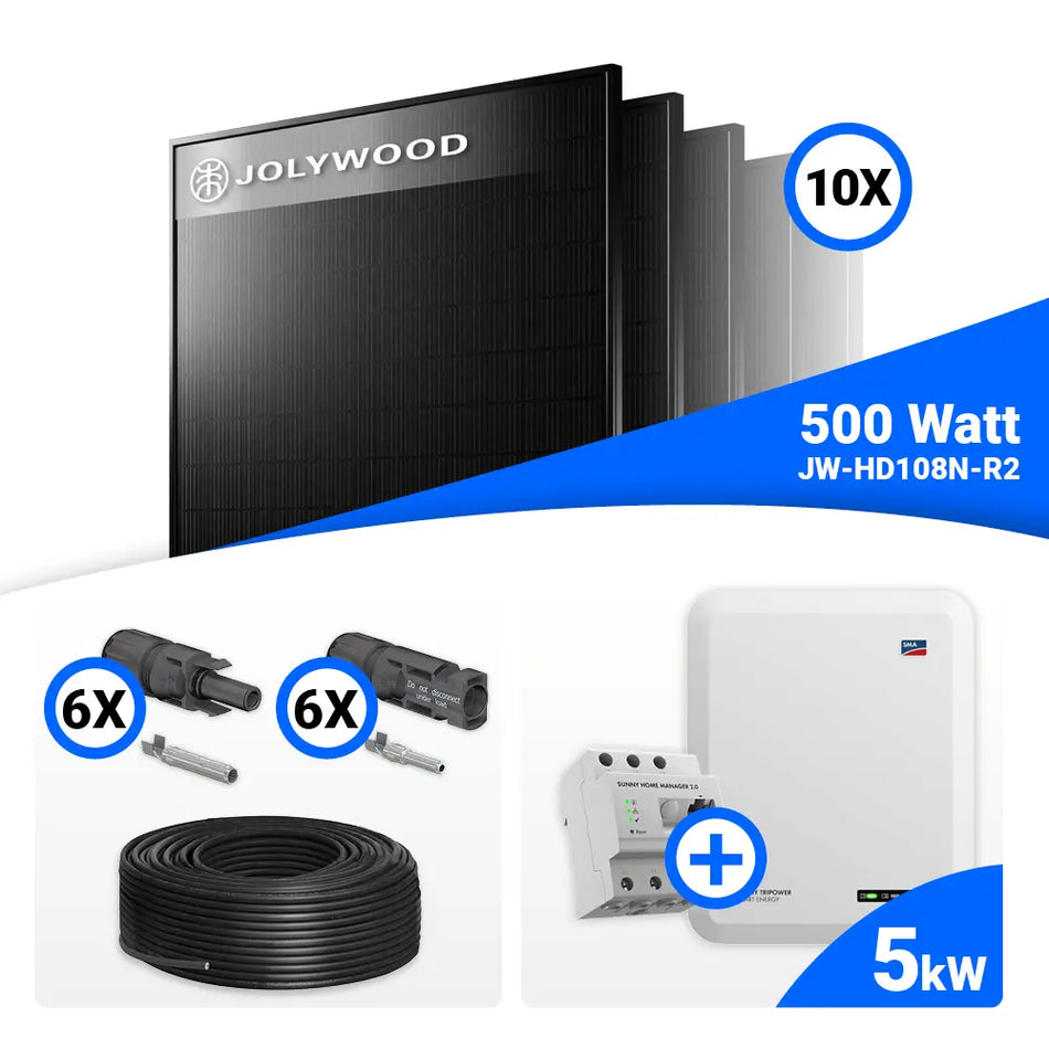 PV Komplettset 5 kWp – 10x Jolywood 500W Full Black  & SMA STP5.0-3SE-40 mit Speicheroption