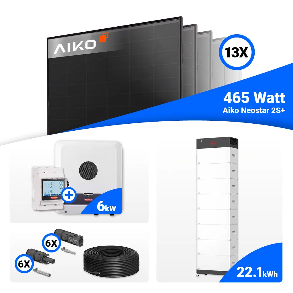 6 kWp Solaranlage Komplettset AIKO 465W Full Black und Fronius SYMO GEN24 6.0 Plus Hybridlösung