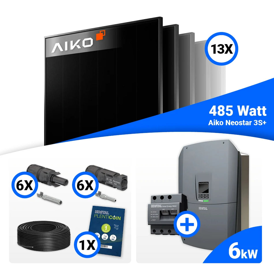 PV Komplettset 6 kWp – 13x AIKO 485W Full Black & Kostal G3 S Plenticore mit Speicheroption