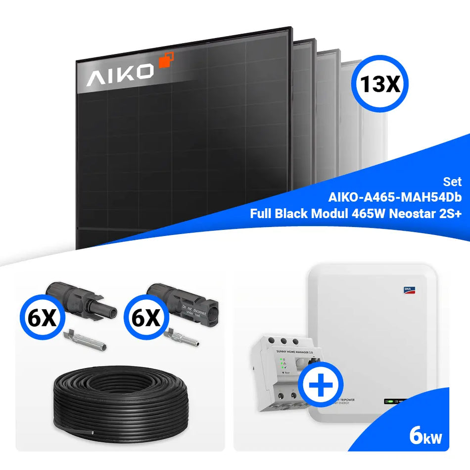 PV Komplettset 6 kWp – 13x AIKO 465W Full Black & SMA STP6.0-3SE-40 mit Speicheroption
