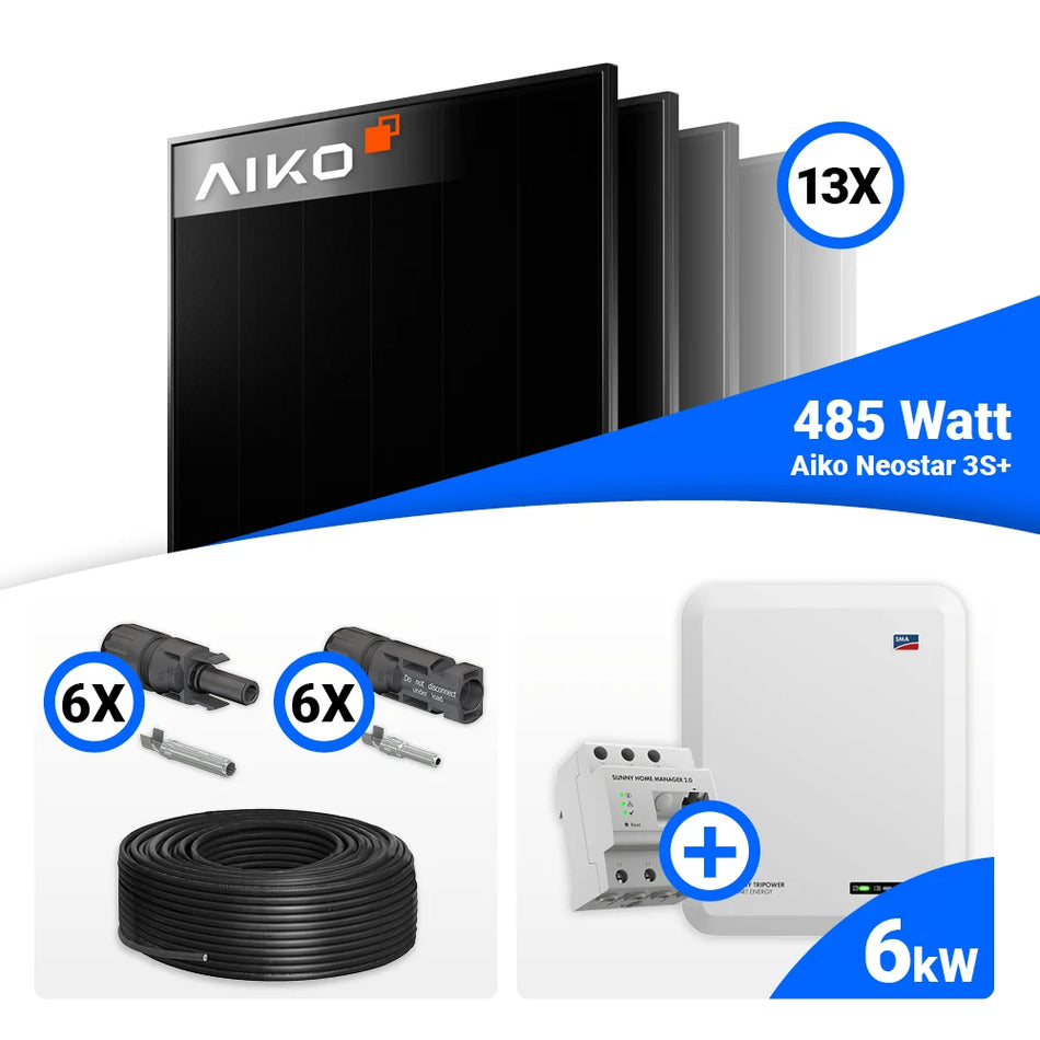 PV Komplettset 6 kWp – 13x AIKO 485W Full Black  & SMA STP6.0-3SE-40 mit Speicheroption