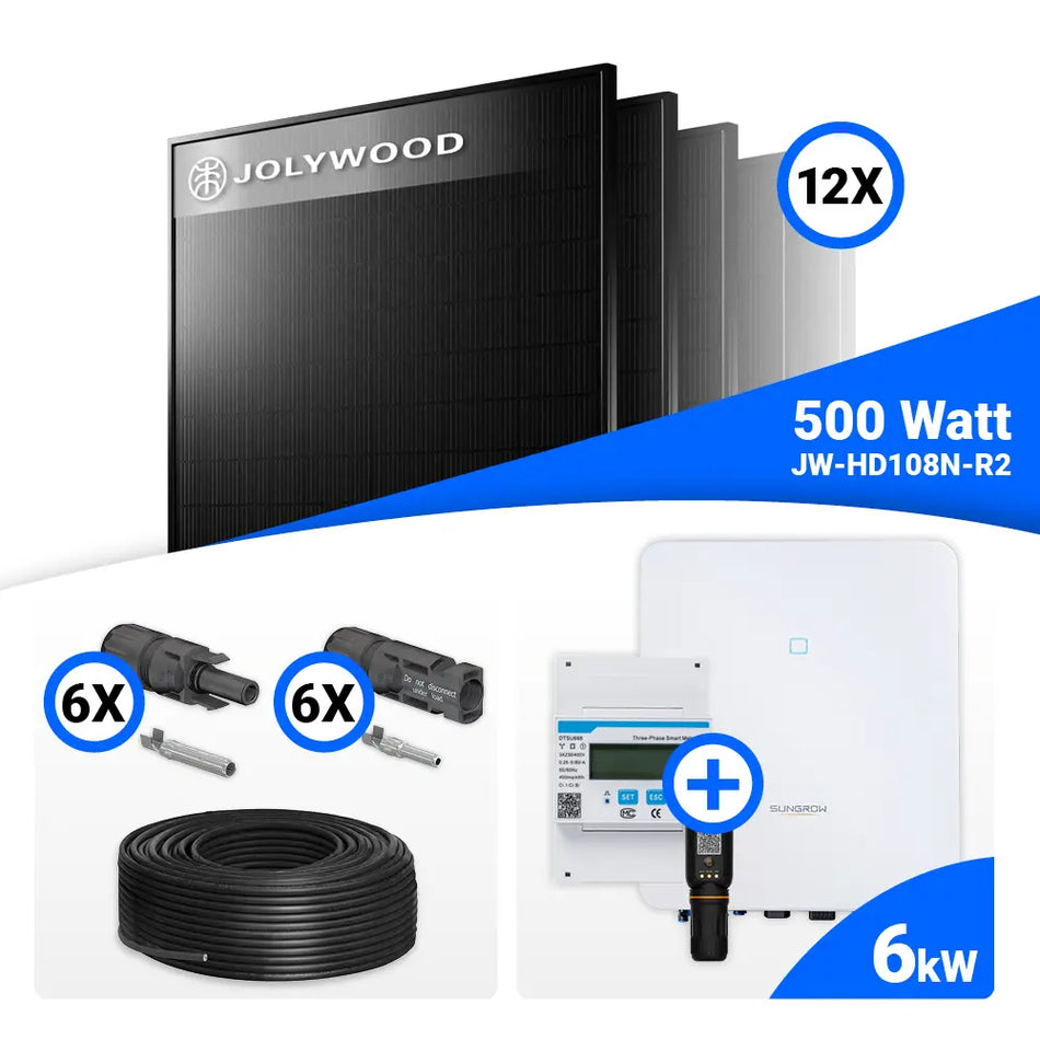 PV Komplettset 6 kWp – 12x Jolywood 500W Full Black & Sungrow SH6.0RT-20 V11 mit Speicheroption