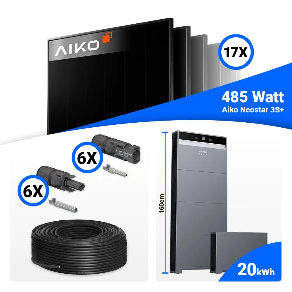 Anker X1-H8K-T System mit großem 20 kWh Stromspeicher im 8 kWp PV Komplettset mit 17x AIKO Full Black Modulen.