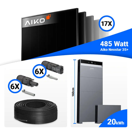 Anker X1-H8K-T System mit großem 20 kWh Stromspeicher im 8 kWp PV Komplettset mit 17x AIKO Full Black Modulen.