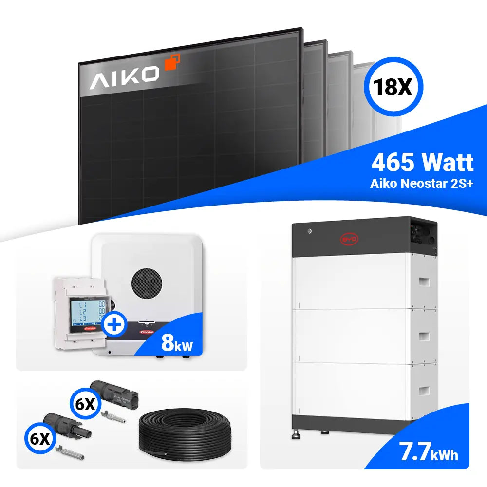 Photovoltaik Set 8 kWp mit 18 AIKO 465W Full Black und Fronius SYMO GEN24 8.0 Plus Hybridwechselrichter
