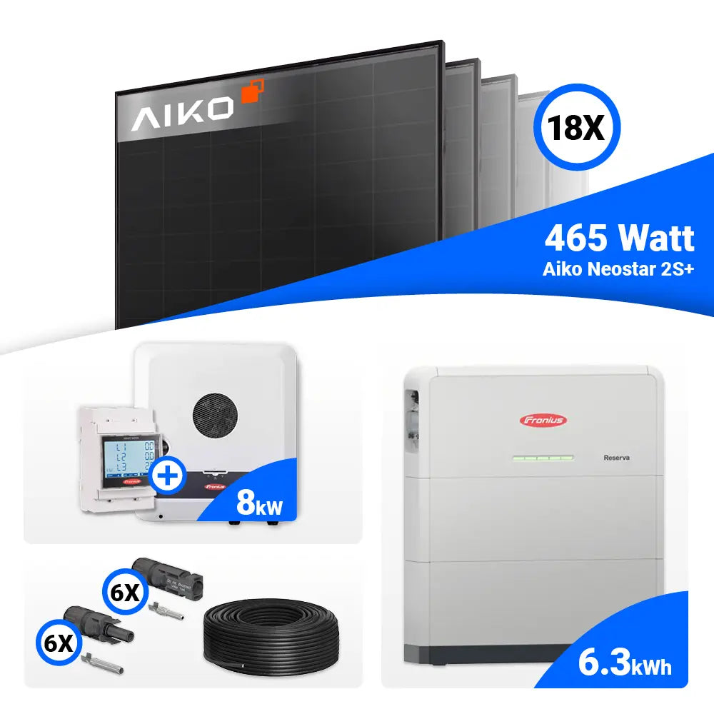 PV Komplettpaket 8 kWp mit AIKO 465W Full Black und Fronius GEN24 8.0 Plus optionalem Speicher
