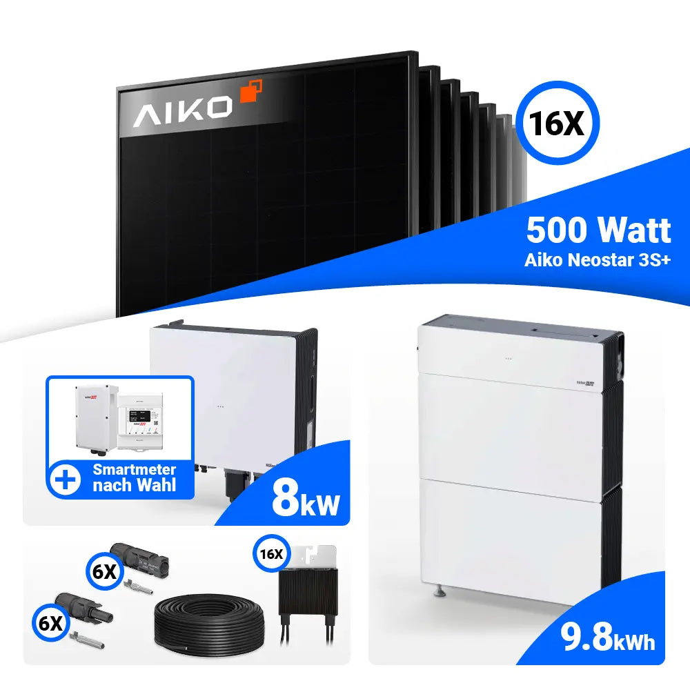 PV Komplettset 8 kWp AIKO 500W Full Black & SolarEdge Nexis Battery Stack 10