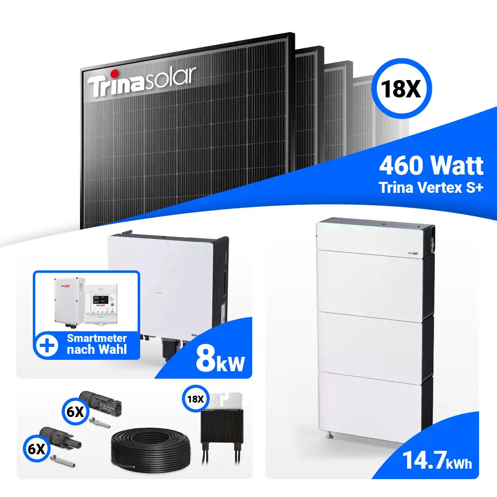 PV Komplettset 8 kWp Trina 465W Black Frame & SolarEdge Nexis Battery Stack 15