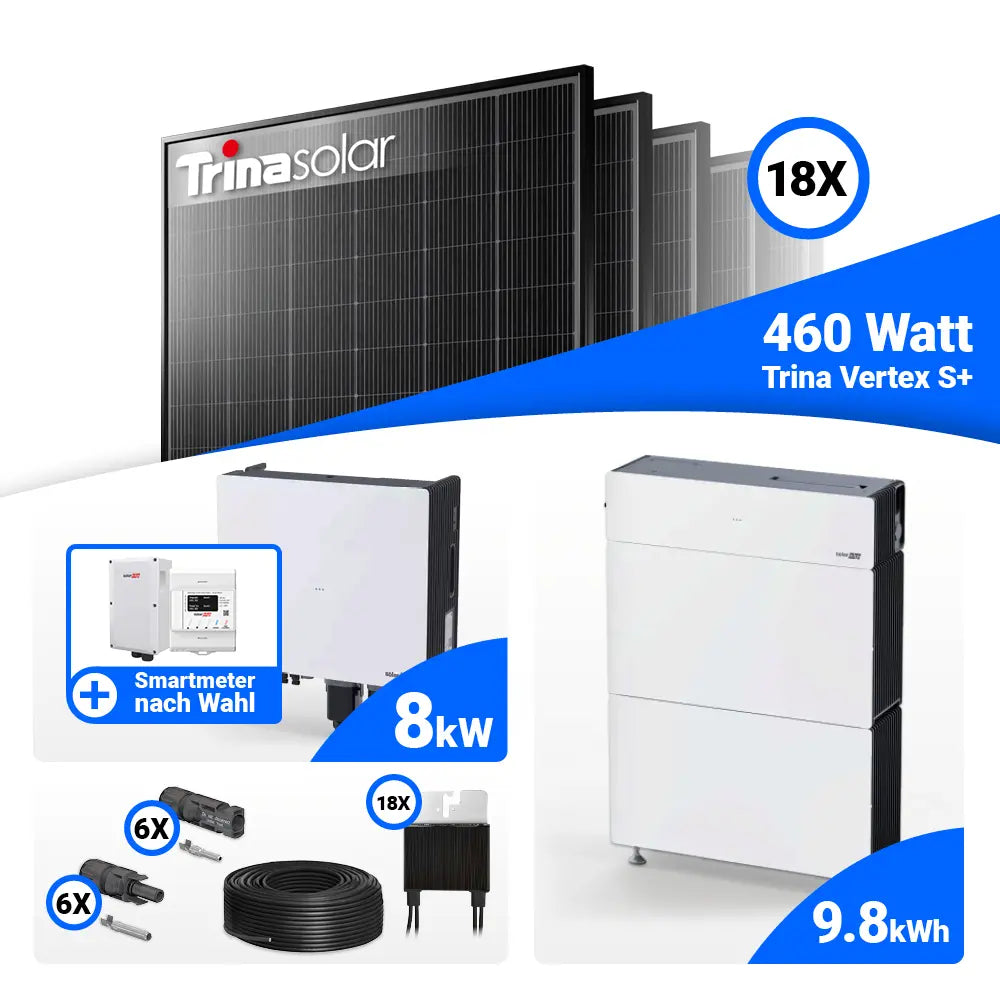 PV Komplettset 8 kWp Trina 465W Black Frame & SolarEdge Nexis Battery Stack 10