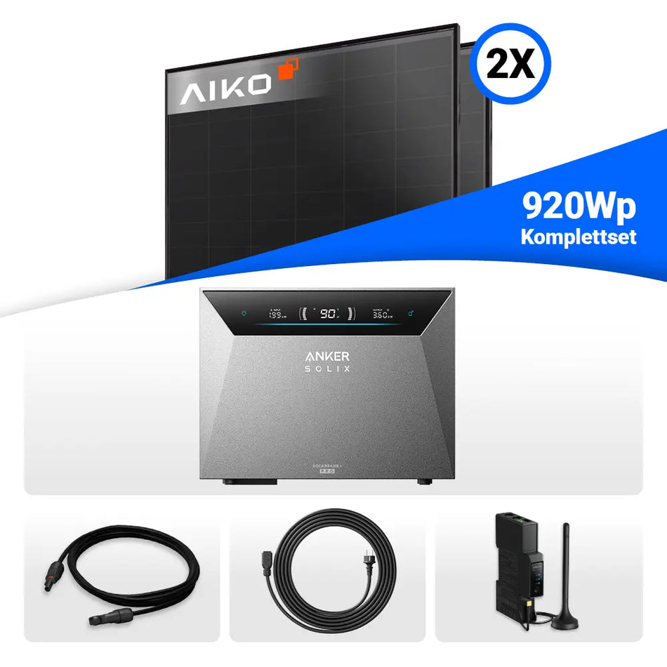 800W/920W Balkonkraftwerk mit Speicher - 2x AIKO 460W Full Black & Anker Solix Solarbank 4 Pro