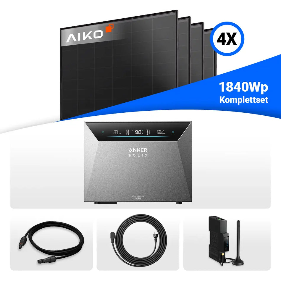 1840W Balkonkraftwerk mit Speicher - 4x AIKO 460W Full Black & Anker Solix Solarbank 4 Pro