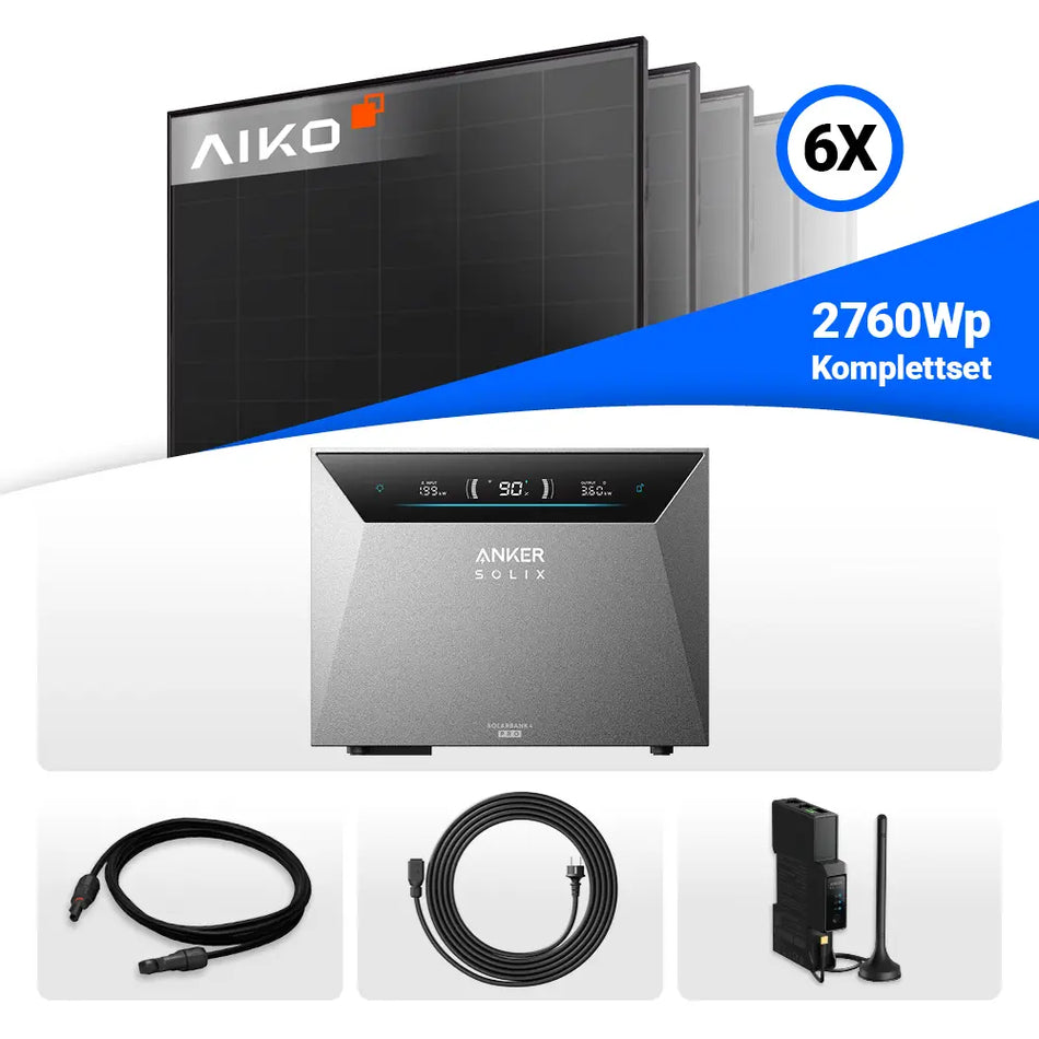 2760W Solarkraftwerk mit Speicher - 6x AIKO 460W Full Black & Anker Solix Solarbank 4 Pro