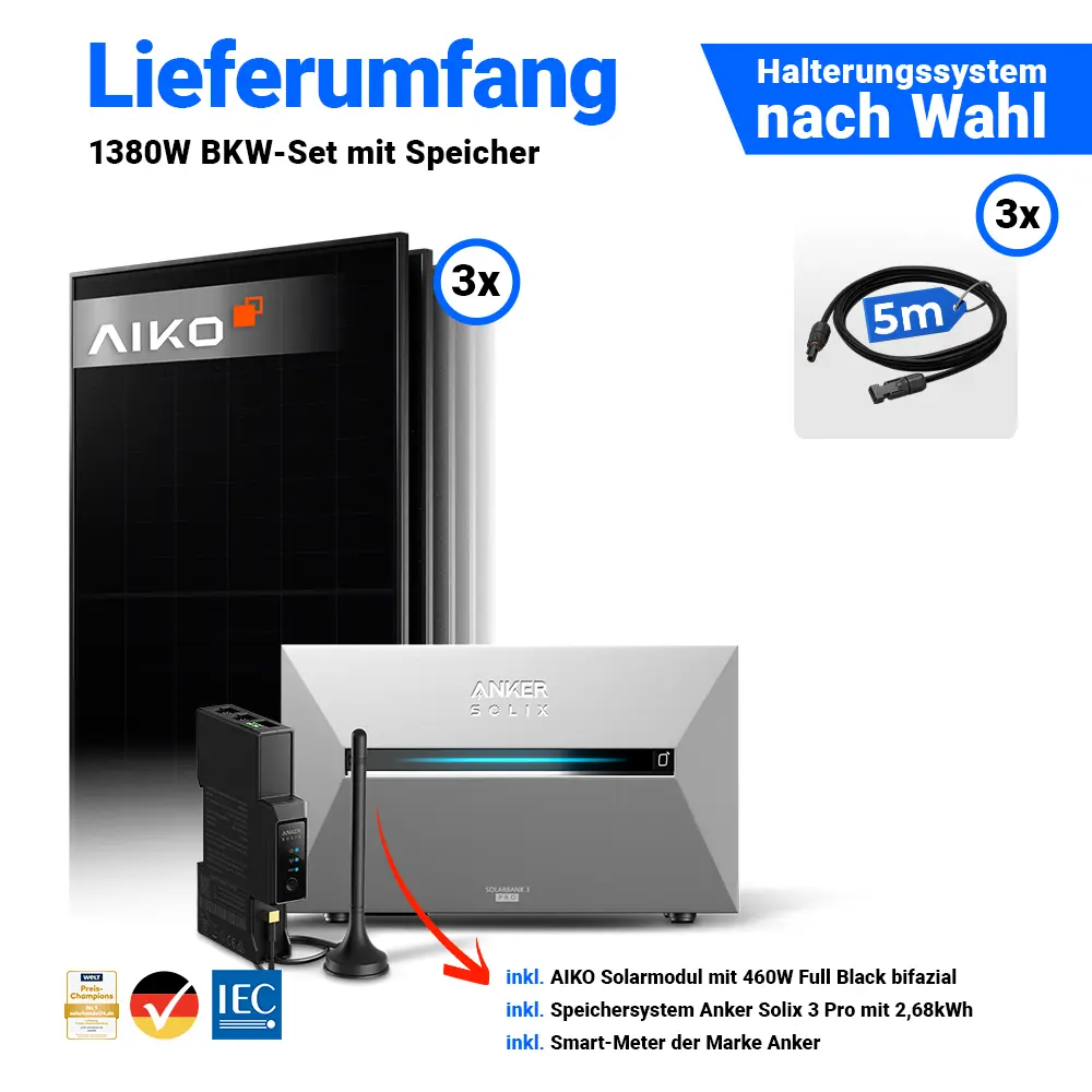 3x Aiko Solar 460 Watt Modul mit Anker Solix Solarbank 3 Pro Halterung nach Wahl Smartmeter und Kabeln