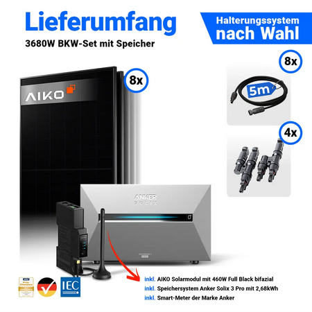 8x Aiko Solar 460 Watt Modul mit Anker Solix Solarbank 3 Pro Halterung nach Wahl Smartmeter und Kabeln