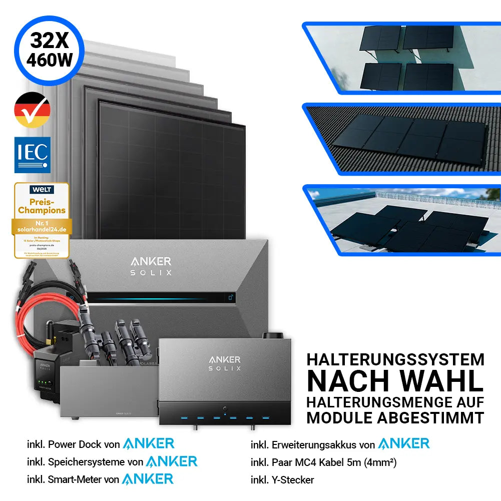 Anker Solix Komplettset mit 32 AIKO Solarmodulen 460W, Power Dock, Speicher, Kabel, Smart-Meter und Halterungssystem nach Wahl für Schrägdach, Flachdach oder Wandmontage.
