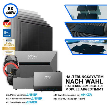 Balkonkraftwerk Komplettset 3680Wp – 8x Aiko 460W Solarmodule mit Anker SOLIX Power Dock, Speicheroption und Halterungssystem nach Wahl – erhältlich bei SH24.