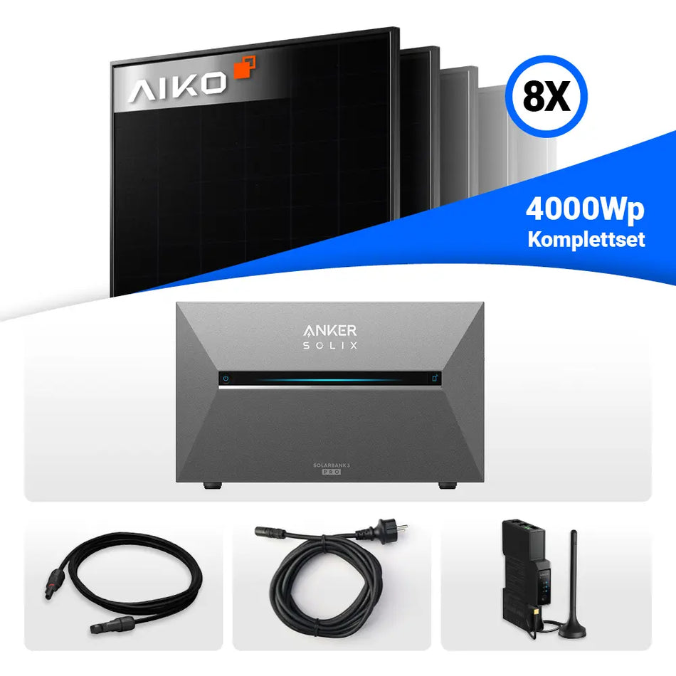 4000Wp Solaranlage Speicher-Set: 8x AIKO 500W Full Black Module & Anker Solix Solarbank 3 Pro.