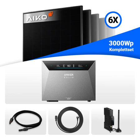 Photovoltaik 3000Wp Set: 6x AIKO 500W Solarmodule & Anker Solix Solarbank 4 Pro.